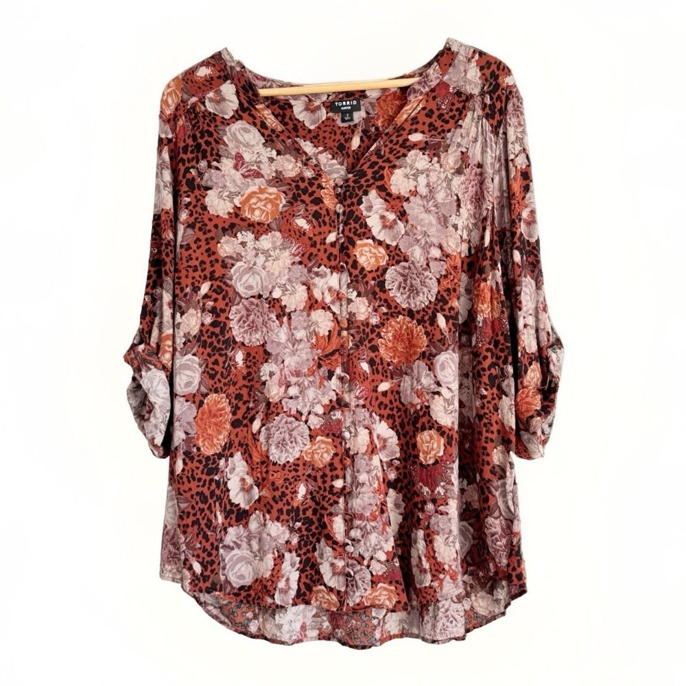 Torrid Floral Button Down Shirt - Red and Brown